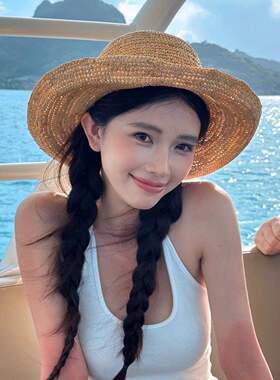 方圆同款拉菲草编帽2025夏季卷边大帽檐显脸小度假帽子海边遮阳帽
