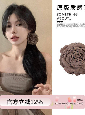 高级感灰咖色玫瑰花朵抓夹女ins清冷法式大号后脑勺鲨鱼夹子头饰