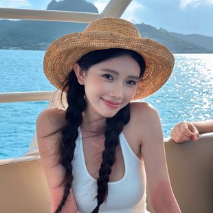 拉菲草編帽2025夏季 方圓同款 卷邊大帽檐顯臉小度假帽子海邊遮陽(yáng)帽