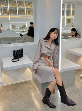 Just a liT 撞色风衣  英伦层次双排扣直筒小个子中长款外套女