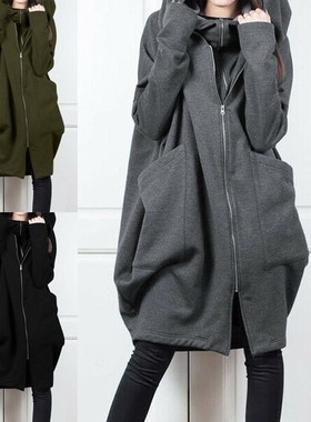 亚马逊速卖通连帽口袋卫衣拉链中长款假两件宽松外套女