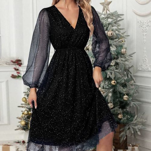 跨境欧美新款领优雅修身纯色拼接网纱透视洒粉连衣裙女