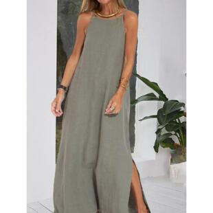 suspender Casual dress棉麻吊带连衣裙女 slit linen cotton and