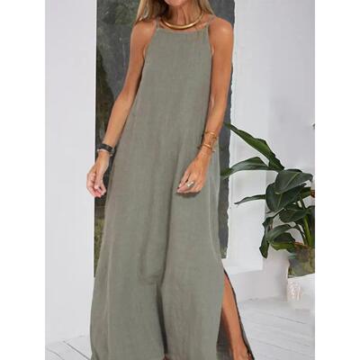 Casual cotton and linen slit suspender dress棉麻吊带连衣裙女