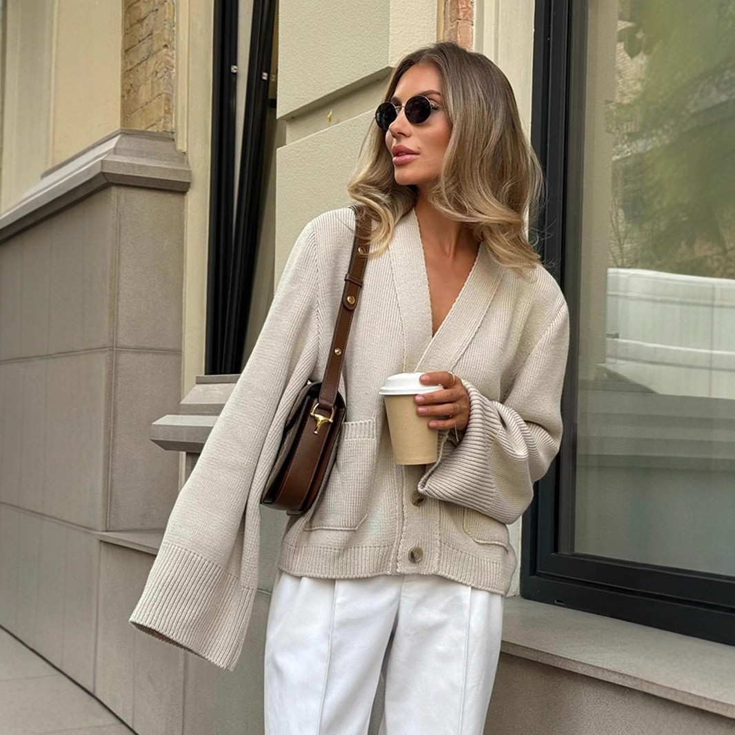 跨境宽松针织开衫毛衣欧美秋冬领针织开衫慵懒风宽松毛衣女