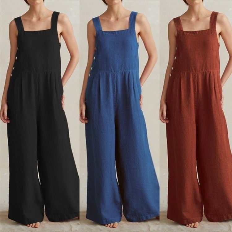 跨境新款亚马逊速卖通阔腿连身裤女侧扣棉麻口袋工作服,个性定制/设计服务/DIY,连衣裙加工定制,淘宝优惠券,粉丝福利购,淘宝优惠卷