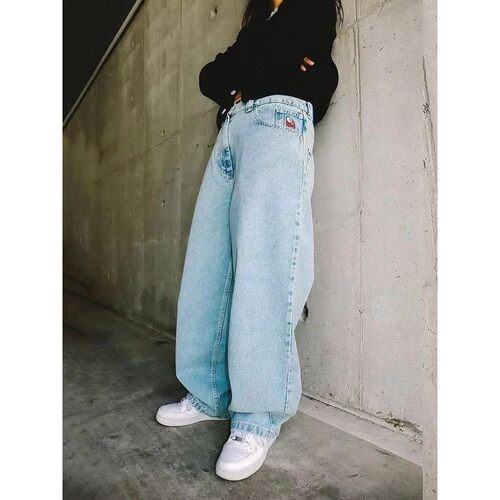Solid color loose high waisted jeans男士纯色宽松高腰牛仔长裤
