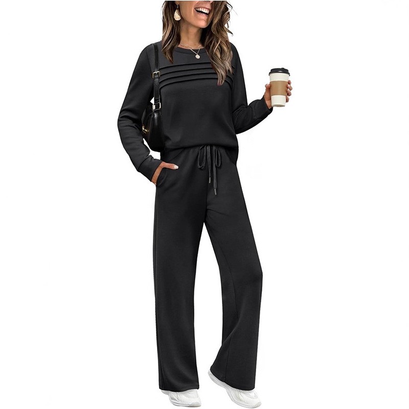 新款秋季欧美跨境女士套装长袖圆领上衣休闲松紧腰长裤阔腿裤