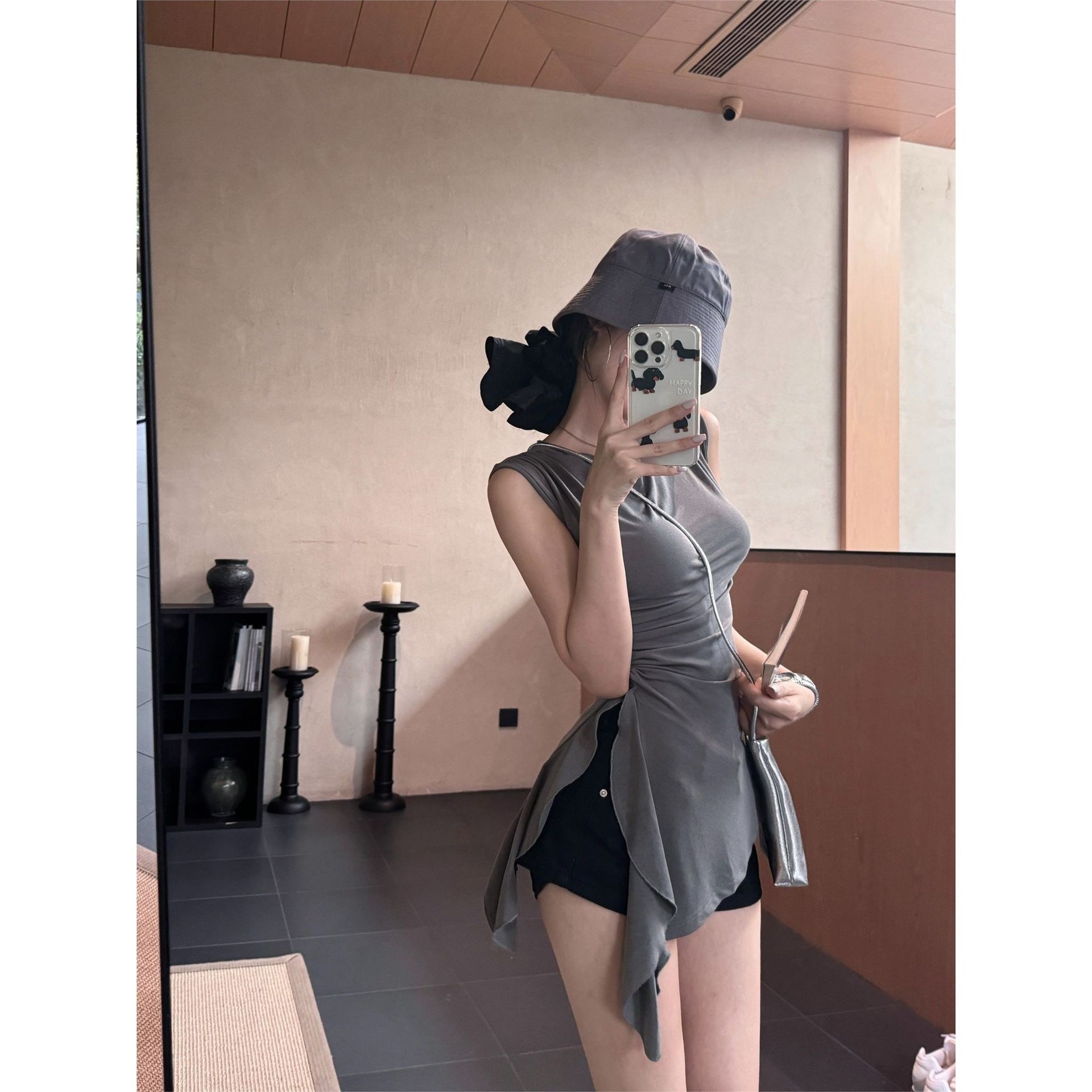 美式灰色背心无袖恤女装夏季设计感小众不规则修身别致独特上衣