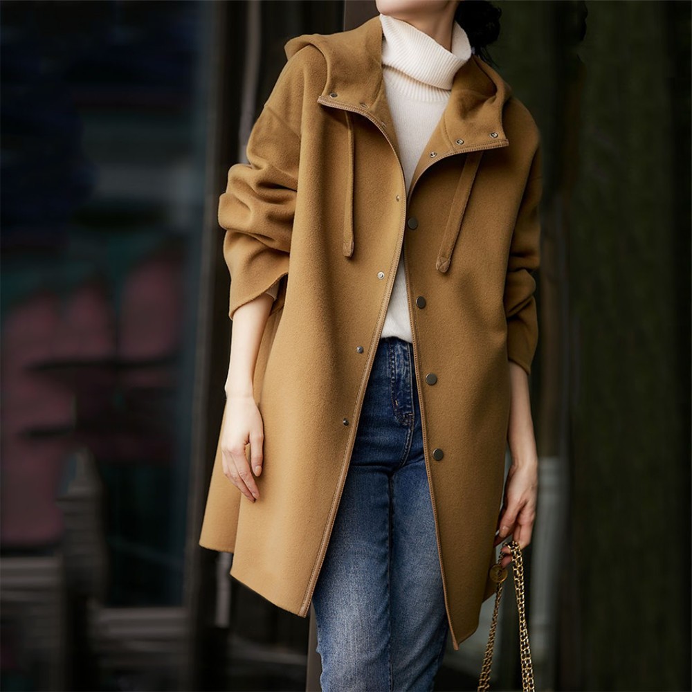 外贸女装独立站秋冬季新款通勤连帽长袖外套休闲纯色毛呢大衣