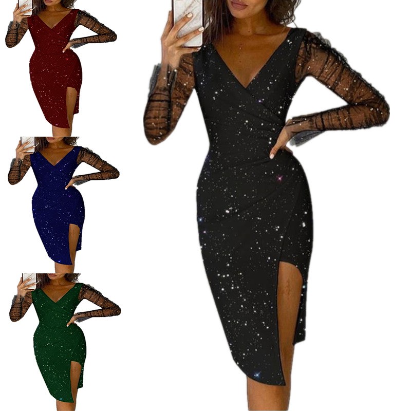 秋冬款跨境女装亚马逊烫钻领包臀性感网纱连衣裙礼服女