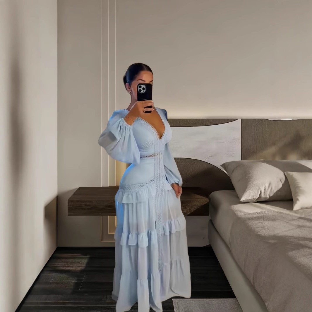 清新时尚领裙摆荷叶边连衣裙秋季新款开叉大摆长袖雪纺长裙