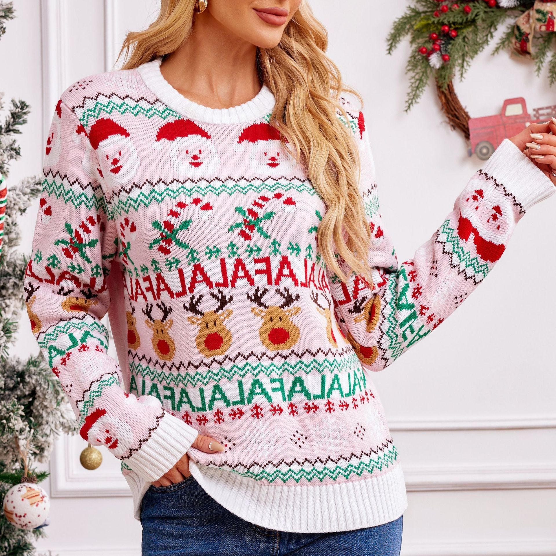 跨境欧美粉色甜美针织毛衣女秋冬套头长袖提花圣诞毛衣