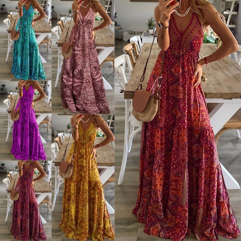 欧美新款波西米亚风新款吊带长裙高腰领印花碎花连衣裙女装