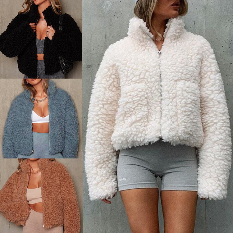 秋冬欧美跨境女装亚马逊新款毛绒开衫 短款夹克 羊羔毛外套女
