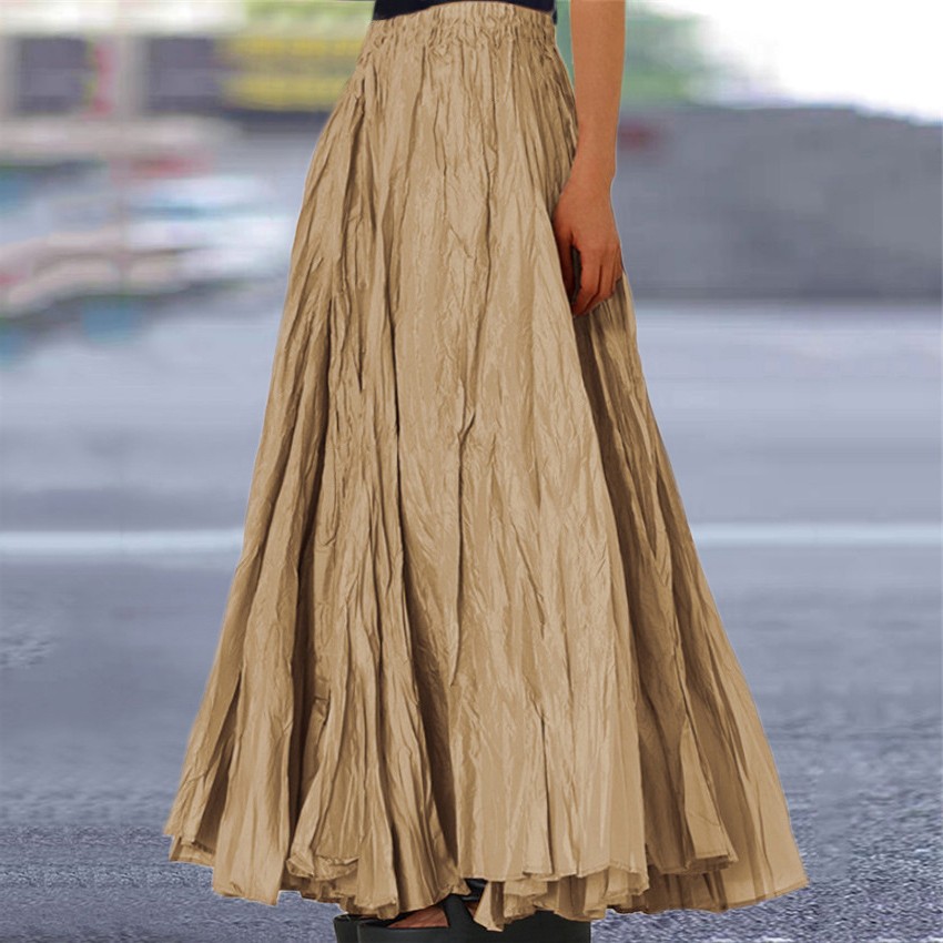 亚马逊外贸春夏新款女纯色半身裙百褶字裙褶皱大摆拖地长裙