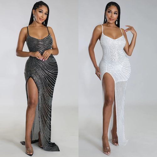 跨境新品亚马逊欧美女装名媛夜店聚会性感吊带烫钻连衣裙女
