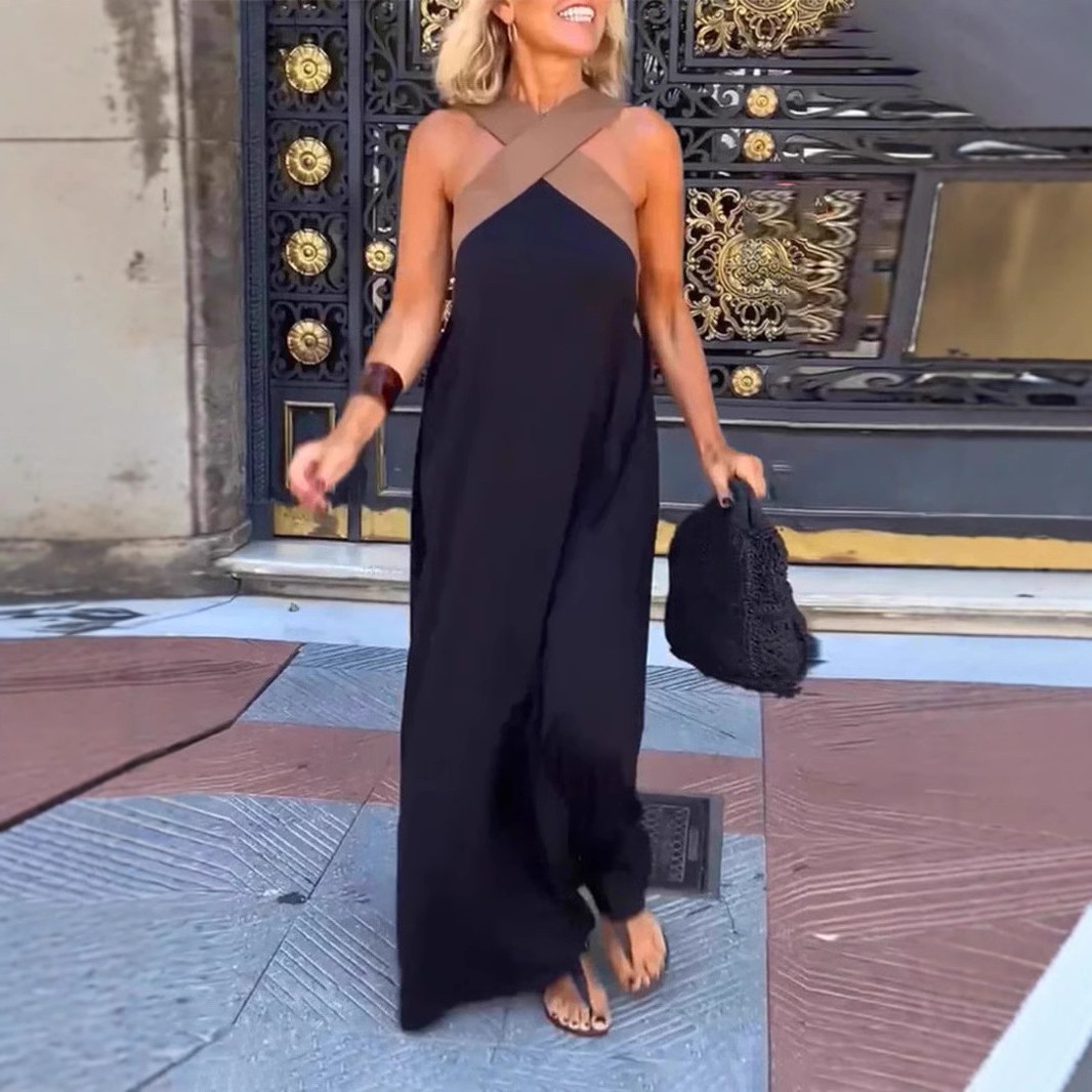 夏季新款跨境女装亚马逊速卖通外贸长裙交叉性感美背连衣裙