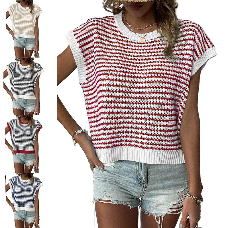 跨境亚马逊欧美新款时尚条纹针织衫休闲撞色蝙蝠袖圆领毛衣