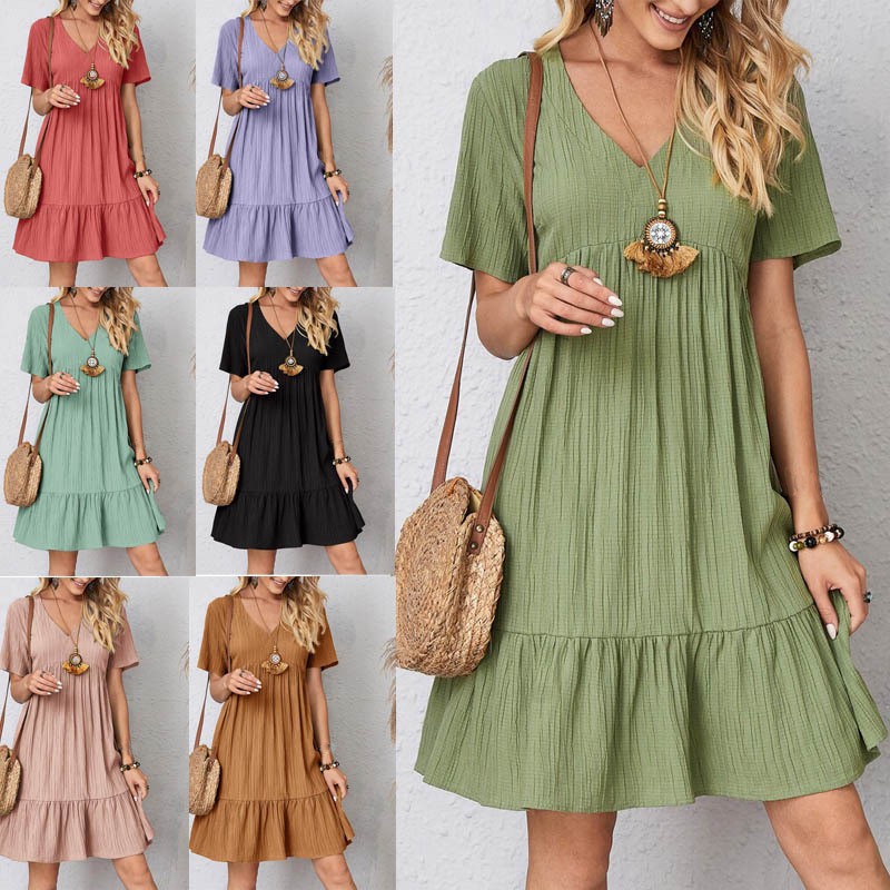 夏季跨境外贸欧美女装亚马逊裙子宽松休闲短袖束腰飘逸连衣裙