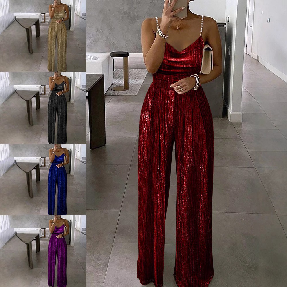 春夏新款跨境欧美女装阔腿裤收腰礼服优雅吊带珠子连体裤