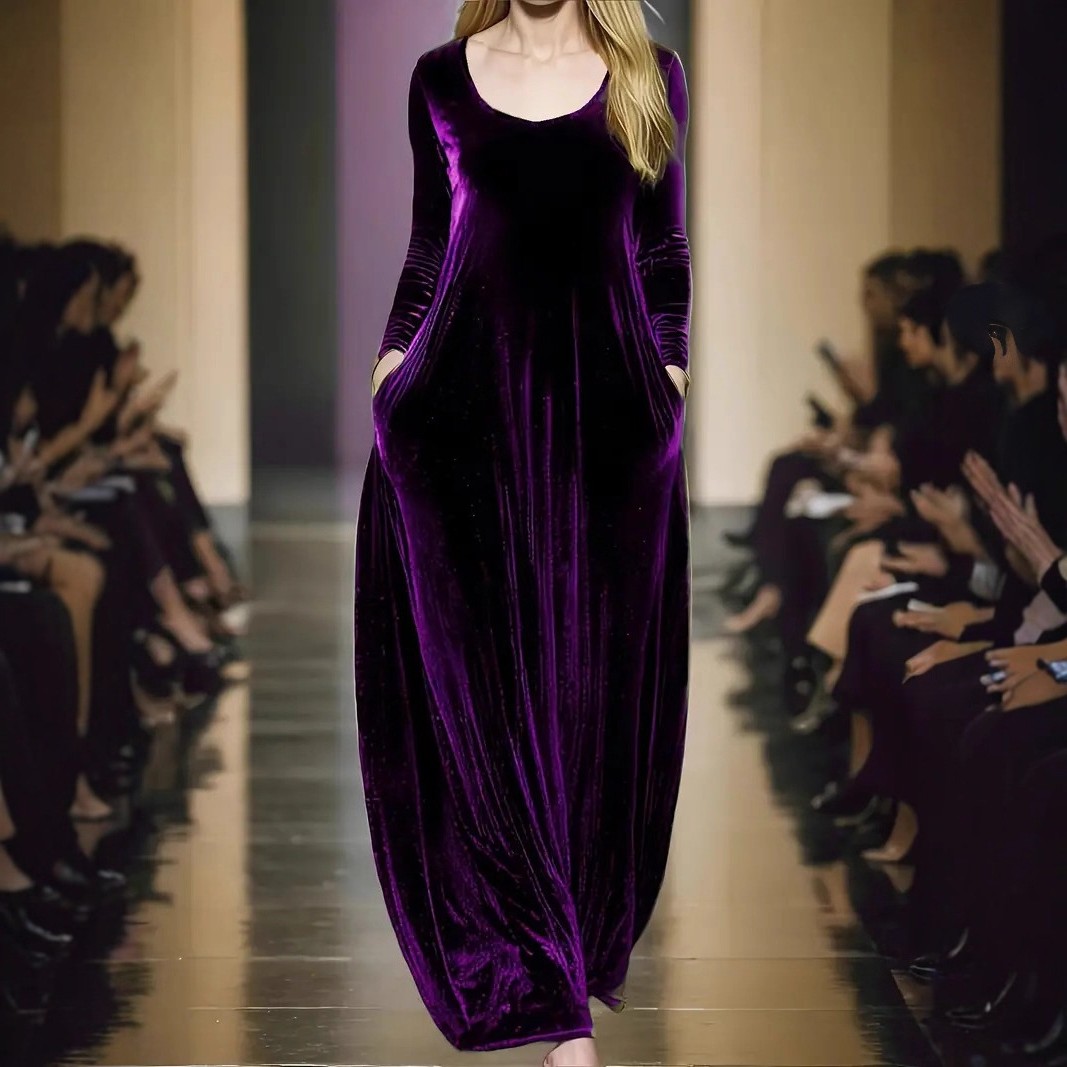 欧美跨境秋冬金丝绒长款连衣裙 圆领长袖大摆优雅丝绒礼服裙