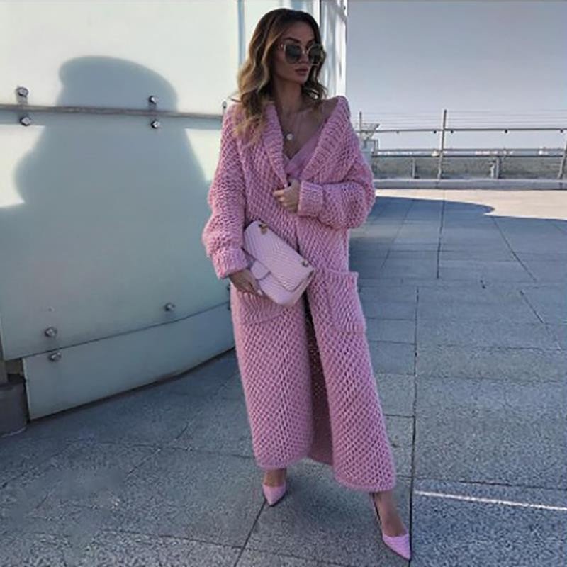 跨境外贸冬季欧美翻领针织开衫拼贴纯色长款加大码女式针织衫毛衣