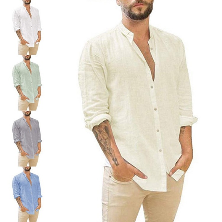 亚马逊速卖通欧美男士新品亚麻开衫纯色休闲立领长袖衬衫