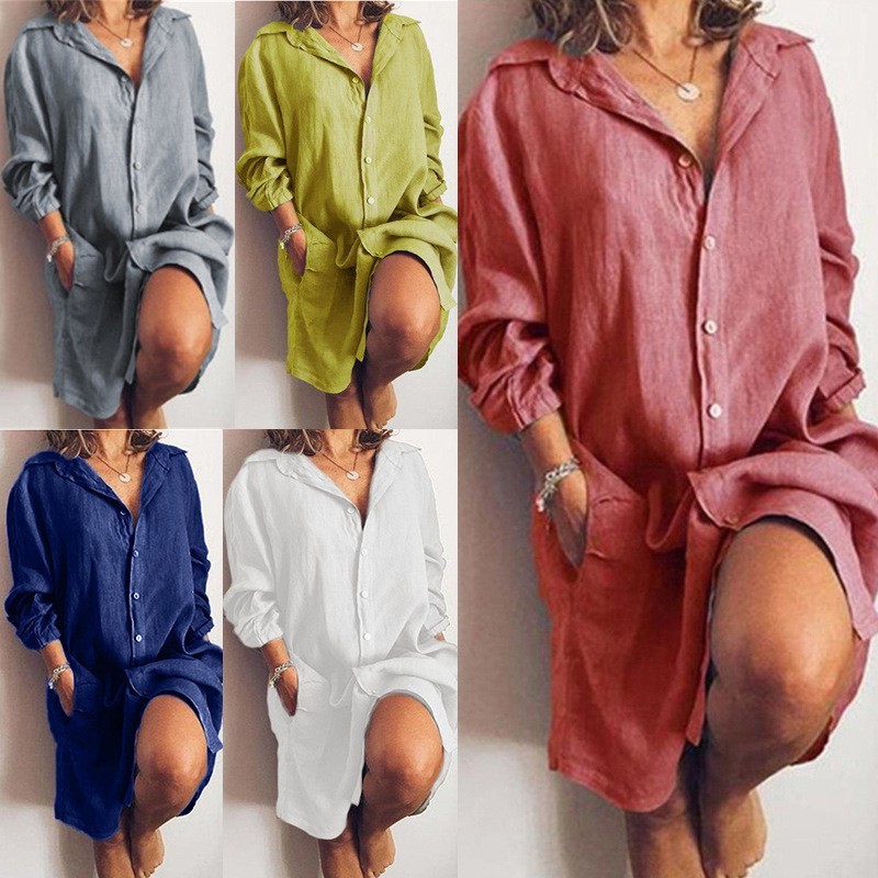 秋季新款女装 独立站棉麻中长款长袖纯色开衫单排扣衬衫