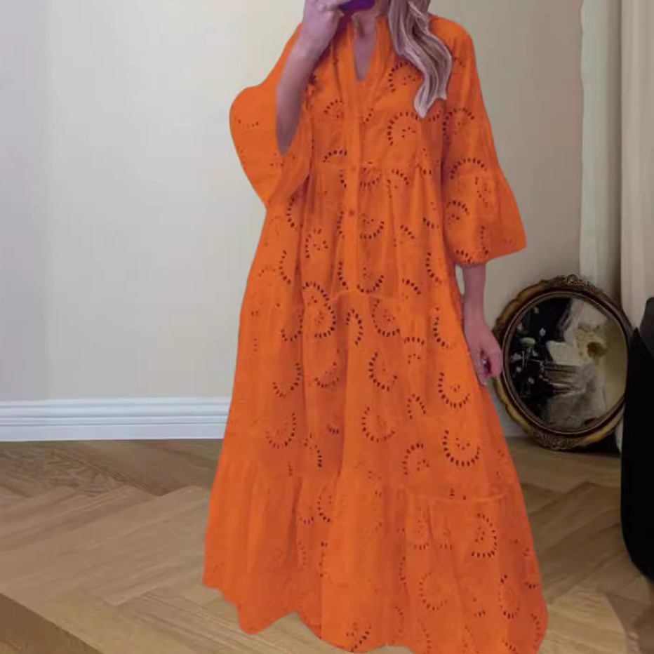 跨境速卖通晚女春季大气泡泡袖纯色镂空宽松休闲连衣裙