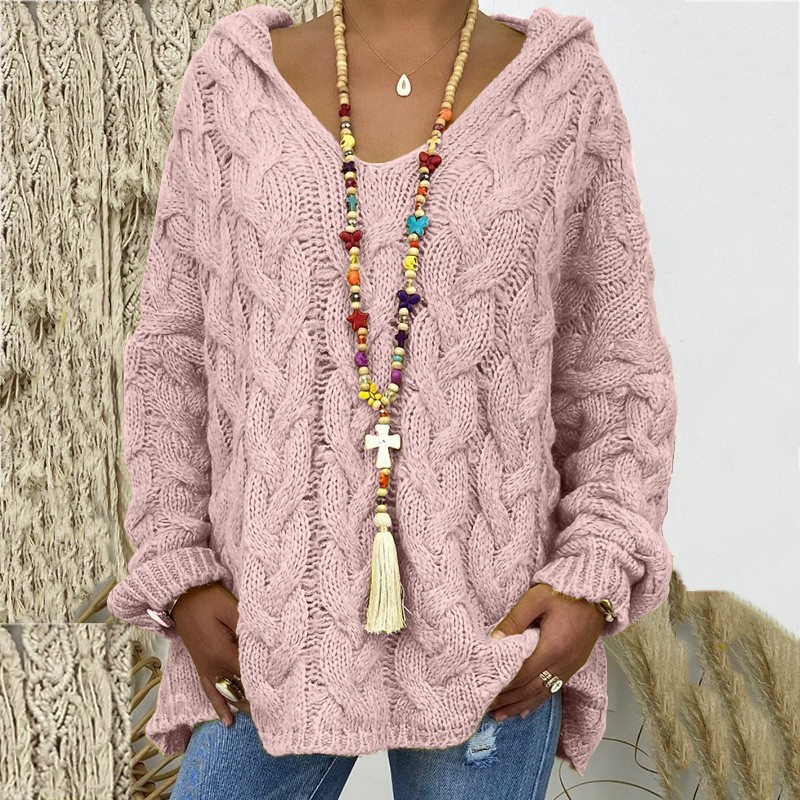 秋冬新款毛衣纯色麻花针织帽衫欧美跨境亚马逊独立站爆款