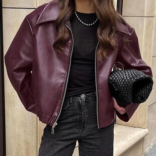 Loose zipper PU leather jacket欧美风秋冬机车风宽松外套PU皮衣