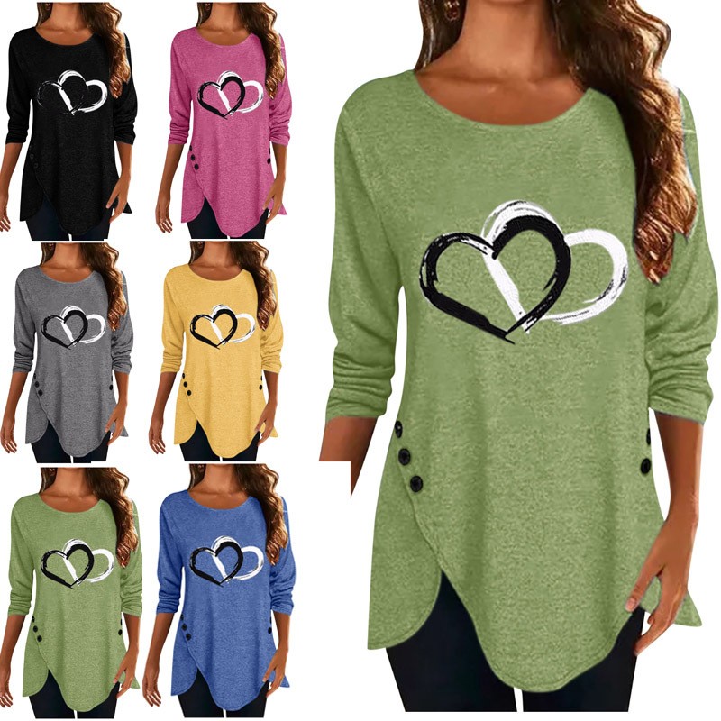 亚马逊 欧美新款纽扣爱心印花不规则短袖长袖跨境现货