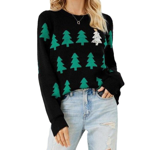欧美新款圣诞树提花圣诞节毛衣女独立站亚马逊跨境休闲套头针织衫