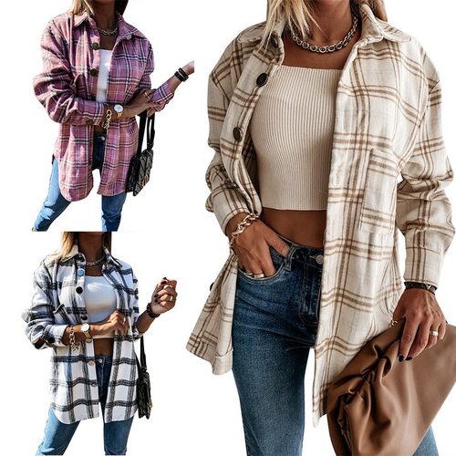 跨境欧美格子衬衣外贸女装亚马逊秋冬新款宽松中长毛呢外套女