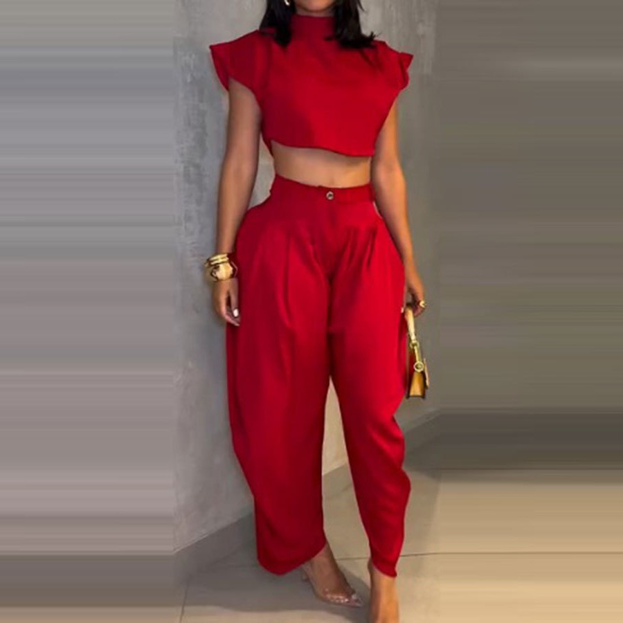 亚马逊跨境夏季新款欧美外贸时尚女装高腰长裤上衣两件套女