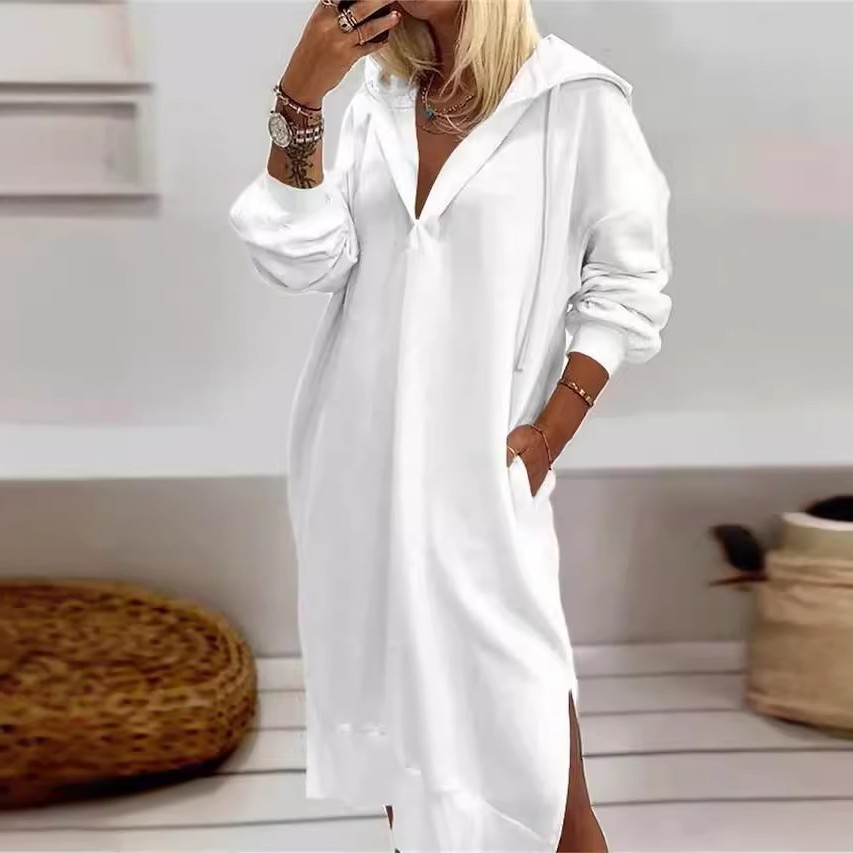 亚马逊秋冬欧美时尚长款套头卫衣纯色下摆开叉连帽针织长裙女