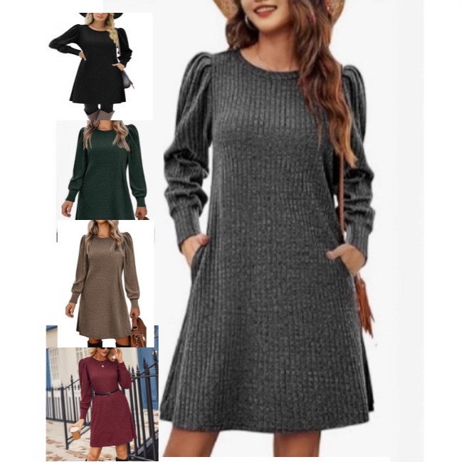 欧美时尚女士针织泡泡袖长袖秋冬圆领休闲宽松连衣裙带口袋