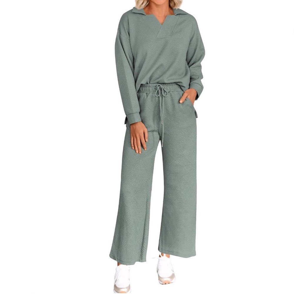 亚马逊欧美纯色纹理时尚休闲套装 秋季款长袖卫衣长裤两件套