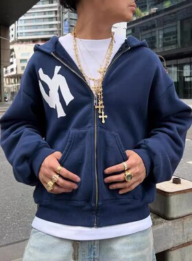 春秋季oversize美式复古华棉加绒连帽卫衣 外套男女情侣宽松上衣