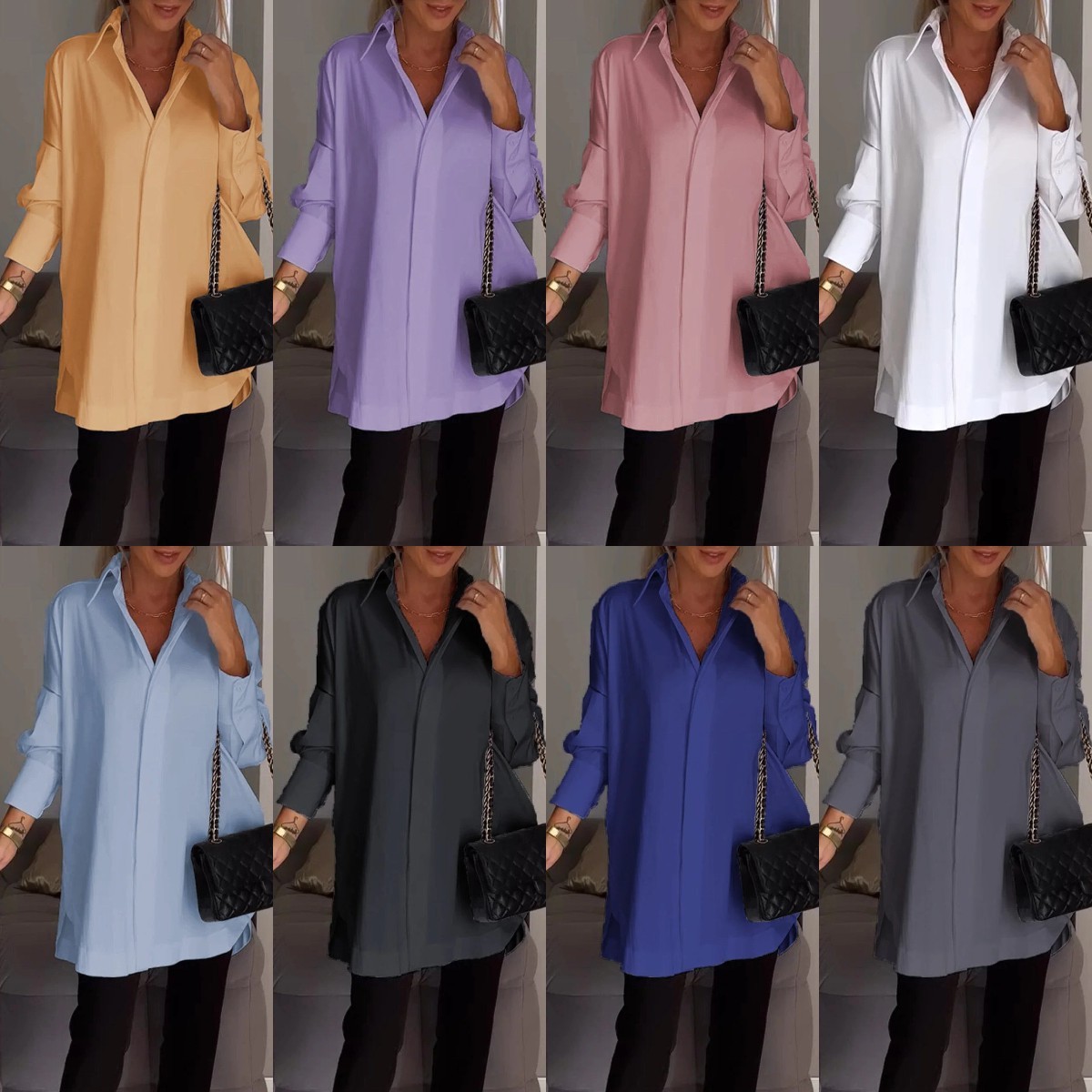 新款欧美独立站亚马逊速卖通新款纯色翻领优雅套头长袖女衬衫