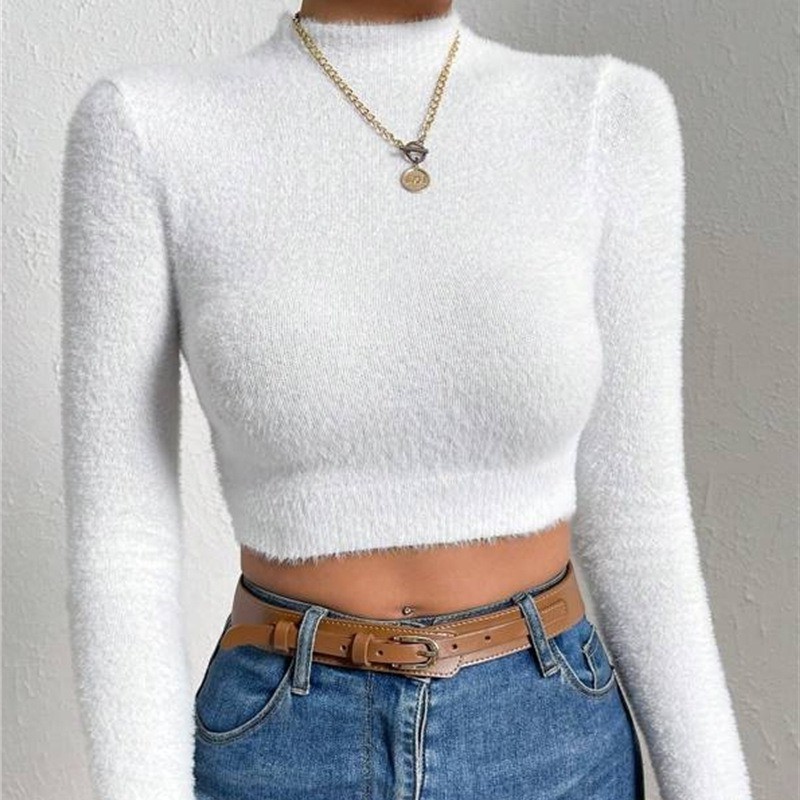 欧美跨境亚马逊秋冬新款速卖通小高领修身高腰短款毛衣女士上衣