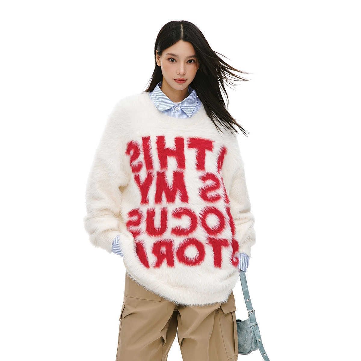跨境秋冬美式国潮字母仿貂毛慵懒风毛衣男女宽松情侣针织衫外套潮,个性定制/设计服务/DIY,连衣裙加工定制,淘宝优惠券,粉丝福利购,淘宝优惠卷
