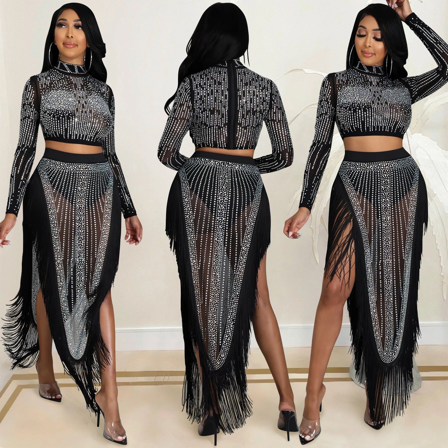 速卖通亚马逊欧美性感夜店烫钻网纱透视长袖开叉长裙两件套