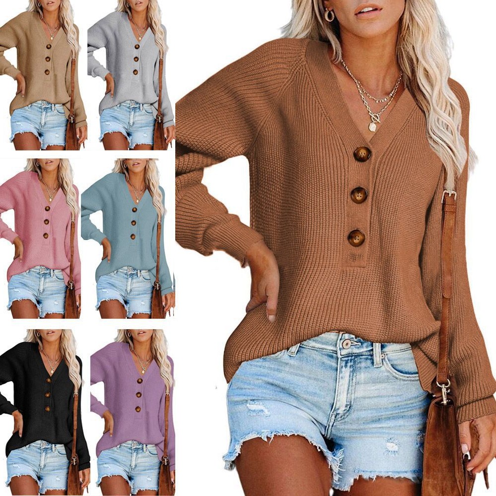 秋冬 新款亚马逊扣子毛衣跨境欧美新款针织领毛衣女