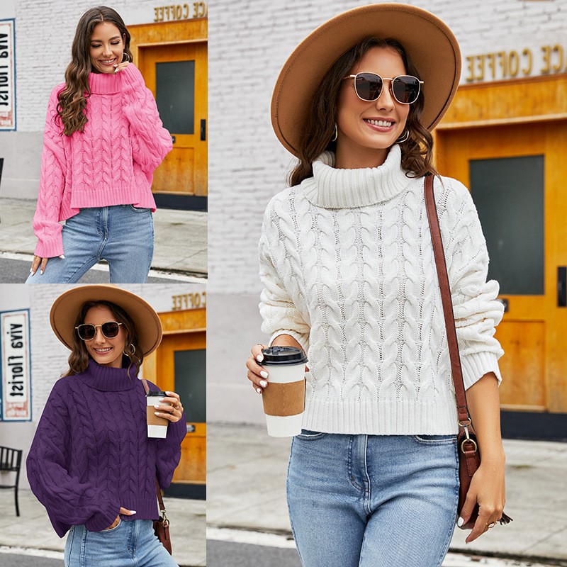 亚马逊粗麻花高领毛衣欧美纯色休闲毛衫女士短款宽松套头针织衫