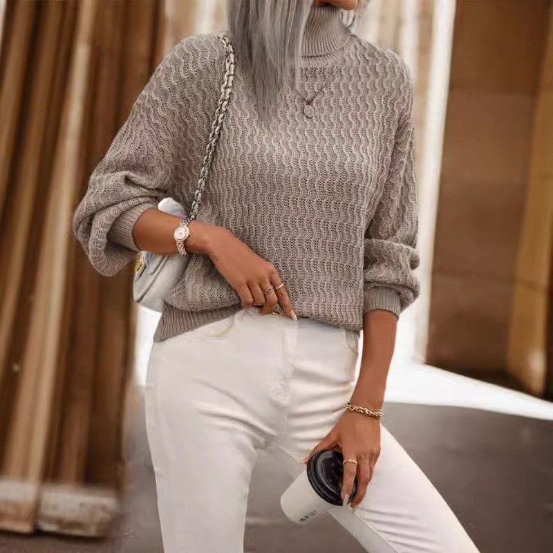 亚马逊秋冬高领针织上衣跨境外贸女装宽松纯色套头长袖毛衣针织衫