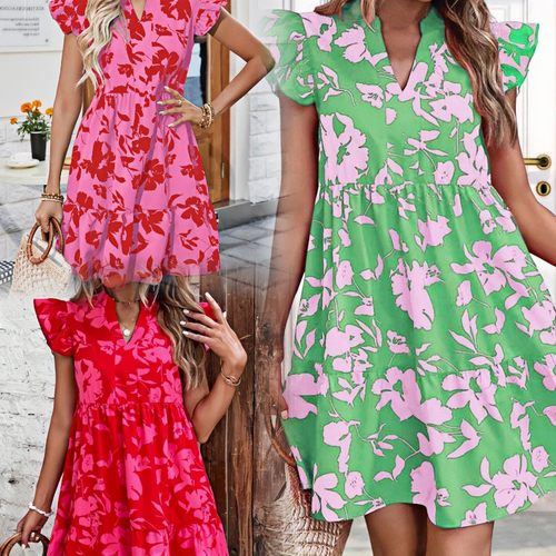 春夏欧美新款跨境外贸亚马逊女装荷叶边袖宽松领印花连衣裙