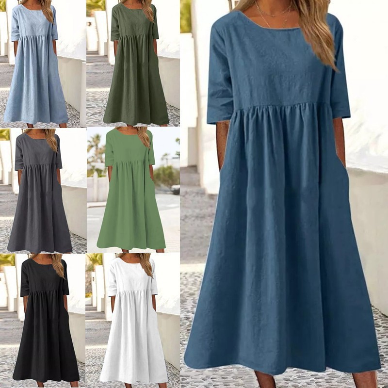 夏季亚马逊独立站新款棉麻休闲短袖口袋褶皱宽松圆领连衣裙