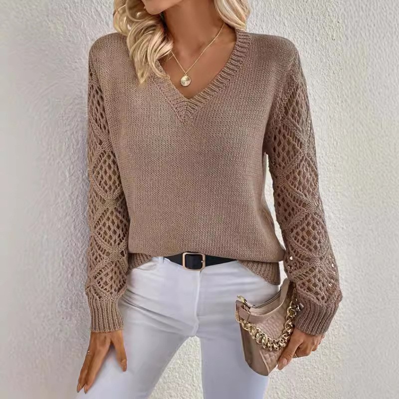 亚马逊春秋针织衫欧美跨境外贸女装气质领镂空长袖纯色针织上衣